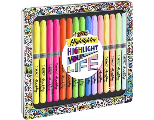 Bic Highlighter Grip Collection Box assortiert, Metallbox15 Stck