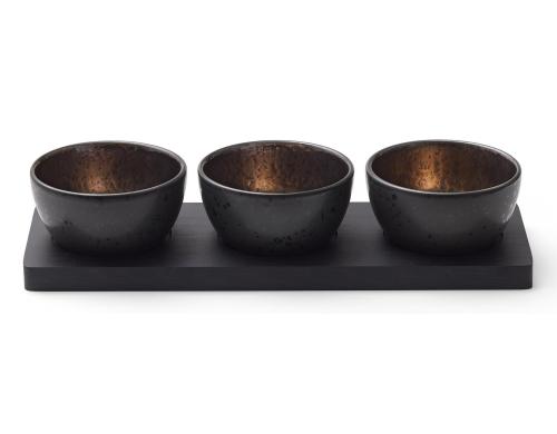 Bitz Servierplatte mit 3 Schalen Schwarz/Br Stoneware