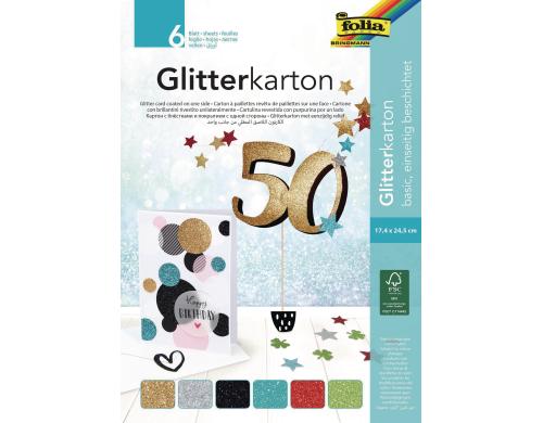 Folia Glitterkarton Basic 6 Blatt  300g/m2, 17.4 x 24.5 cm