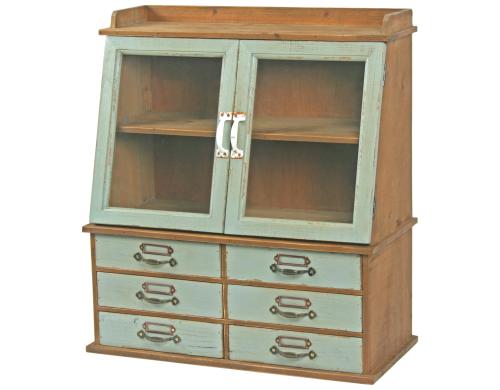 Originals Cabinet aus Holz, Natur, Trkis Glas, 6 Schubladen, 51 x 24 x 56.5 cm