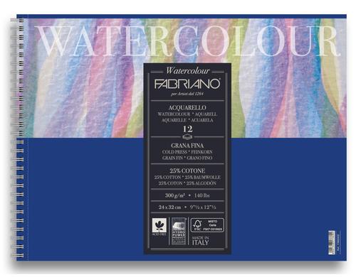 Fabriano Aquarellpapier Spiralbuch 300g/m2, 12 Bl, Kalt gepresst, 24 x 32 cm