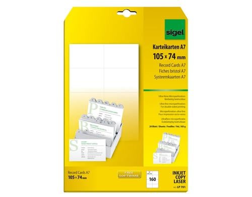 Sigel PC-Karteikarten weiss beidseitig (I/L/C) 185 g, A7 (A4), 160 ST=20 BL