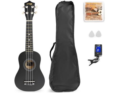 MAX UKEYBL Sopranukulele Sopranukulele, schwarz, Tuner, GigBag,Picks