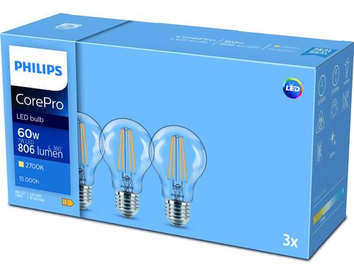 Philips CorePro LEDBulb 7-60W A60 E27 827 klar Glas 3er Multipack