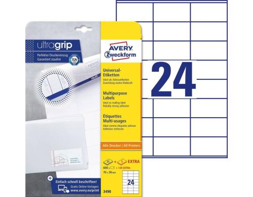 Avery Zweckform Etiketten A4 weiss, 70x36mm Packung zu 25 Blatt / 600 Etiketten