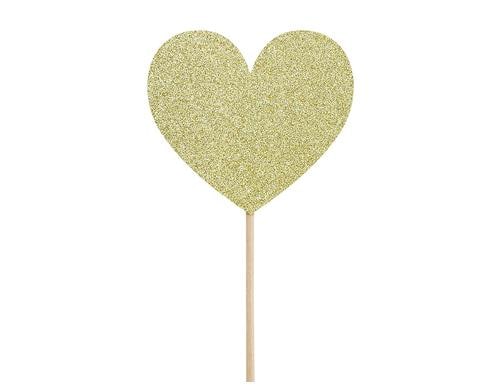 Partydeco Kuchen-Topper Cupcakes Herzen gold glitzer, 11 cm, 6 Stck