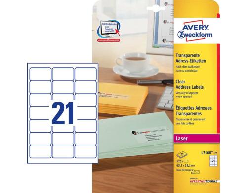 Avery Adress Etiketten transparent L7560 63,5 x 38,1 mm, 25 Bogen pro Packung