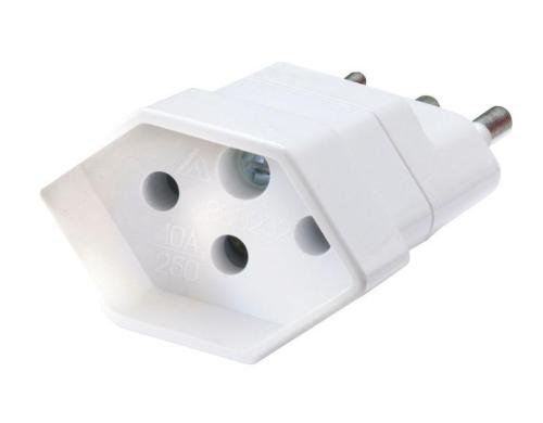 Reiseadapter 3-Pol Schweiz / Italien Stecker Italien / Buchse Schweiz, weiss