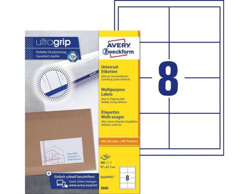 Avery Zweckform Etiketten A4, 97 x 67,7 mm Packung zu 100 Blatt / 800 Etiketten