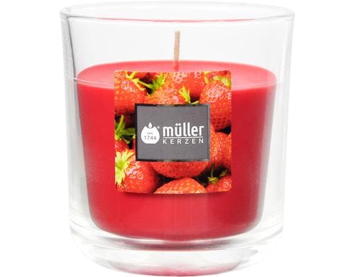 Mller Duftkerze im Glas, Strawberry Love rot 8.8x8 cm