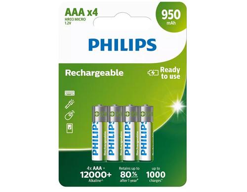 Philips Akku Rechargeable AAA 950 mAh, AAA Nickel-Metall-Hydrid, 4 Stck