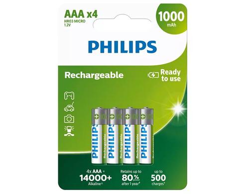 Philips Akku Rechargeable AAA 1000 mAh, AAA Nickel-Metall-Hydrid, 4 Stck