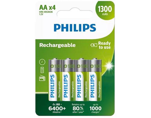 Philips Akku Rechargeable AA 1300 mAh, AA Nickel-Metall-Hydrid, 4 Stck