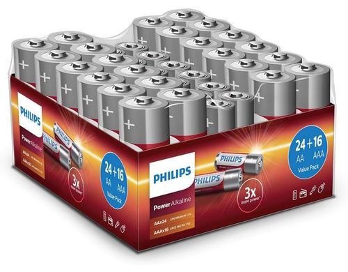 Philips Batterie Alkaline Pack, 40 Stck 1.5 V, 24x AA, 16x AAA, LR03 & LR6 Alkaline