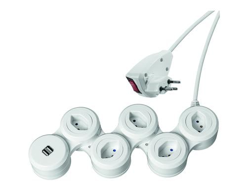 Steffen Steckdosenleiste SNAKE weiss 5xT13 + 2xUSB-A 1.5m mit Schalter