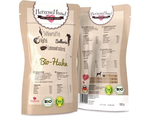 Herzenshund Bio-Huhn mit Bio-Gemse 130g, Pouch