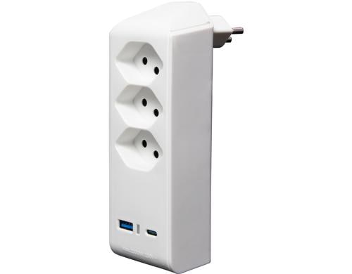 Brennenstuhl 3-fach Abzweigstecker drehbar 300 Grad, USB A/C, ohne Schalter