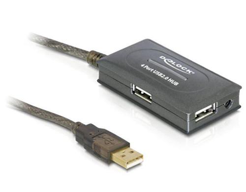 Delock USB 2.0  Verlngerungskabel 10 Meter aktive Verstrkung, inkl. 4 Port Hub