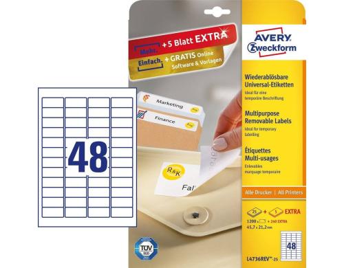 Avery Zweckform Etiketten stick+Lift, weiss 45.7 x 21.2mm, 25 Bogen / 1200 Etiketten