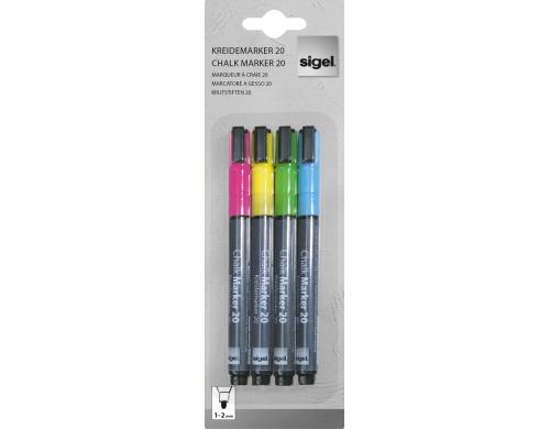 Sigel Kreidemarker 20 bund Rundspitze 1-2mm, pink/gelb/grn/blau