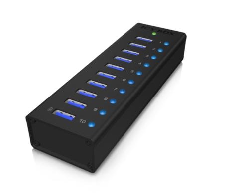 ICY BOX IB-AC6110, 10x USB3.0 Hub, 1x USB Ladeport, 1x USB3.0 Typ B