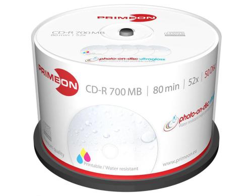 Primeon CD-R 700MB 50er Spindel bis 52-fach, bedruckbar, wasserresistant