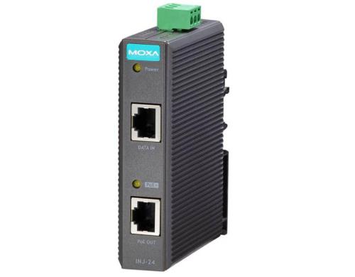 Moxa INJ-24: DIN-Rail PoE+ Injektor max. 30 Watt, 0-60C, 24/48VDC