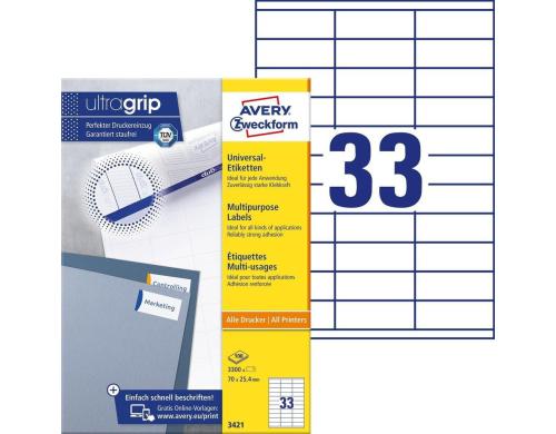 Avery Zweckform Etiketten A4, 70 x 25.4 mm Packung zu 100 Blatt / 3300 Etiketten