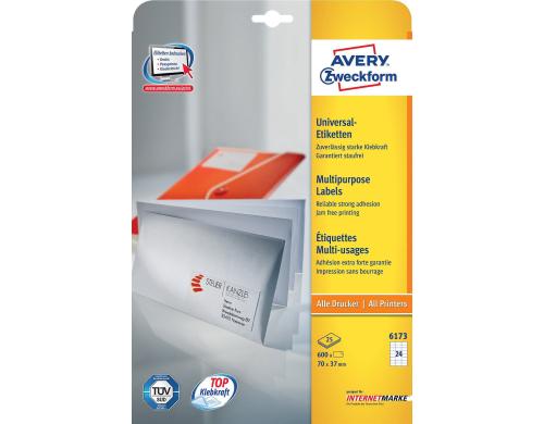 Avery Zweckform Etiketten A4 weiss, 70x37mm Packung zu 25 Blatt / 600 Etiketten