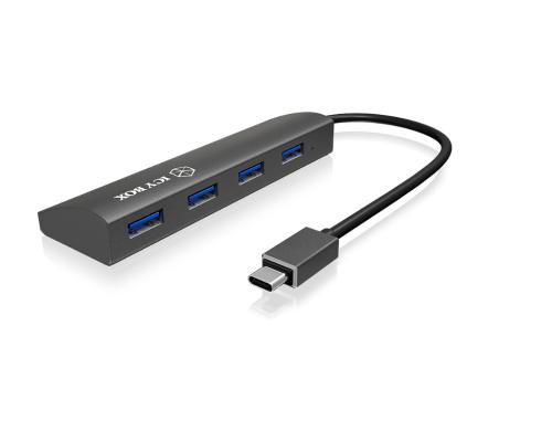 ICY BOX IB-AC6405-C, grau, 4x USB3.0 Hub, mit integriertem Kabel, USB Type-C