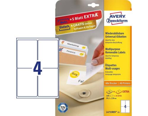 Avery Zweckform Etiketten, 99.1 x 139 mm wiederablsbar, Packung zu 25 Blatt