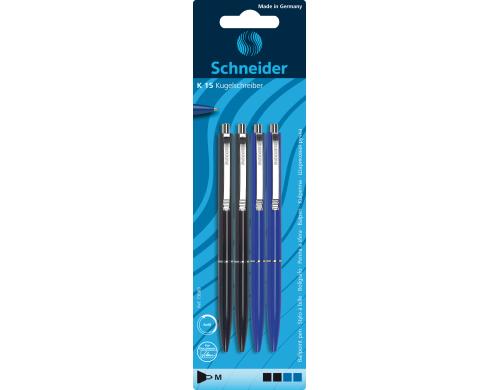 Schneider Kugelschreiber K15 4er-Set 2x schwarz, 2x blau