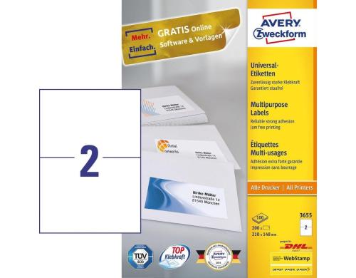 Avery Zweckform Etiketten A4, 210x148mm Packung zu 100 Blatt / 200 Etiketten