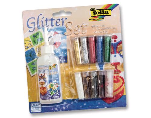 Folia Glitterset mit Deko-Kleber Set mit 6 Farben, 4 Deko, 1 Kleber