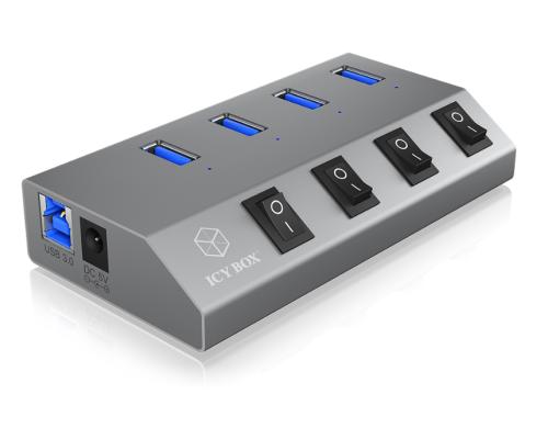 ICY BOX IB-HUB1405, silber, 4x USB3.0 Hub An-/Ausschalter fr jeden Port