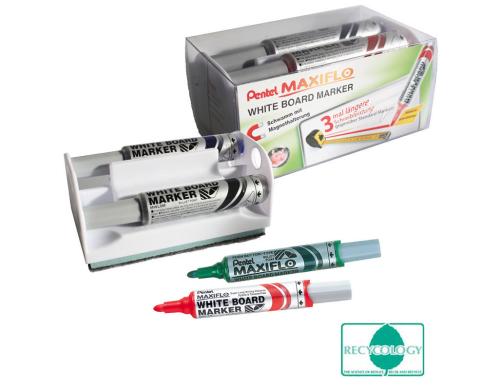 Pentel Whiteboardmarker MAXIFLO 4er Set schwarz,rot,blau,grn,rot + Magnet-Wischbox