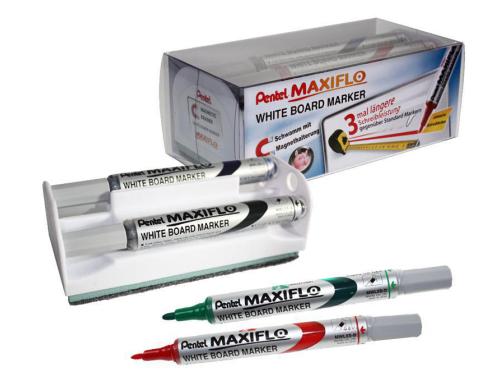 Pentel Whiteboardmarker MAXIFLO Slim 4erSet schwarz,rot,blau,grn,rot + Magnet-Wischbox