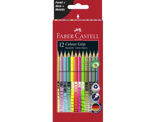 FABER-CASTELL Farbstifte COLOUR GRIP 12er Etui, dreieckig, Pastell/Neon/Metallic