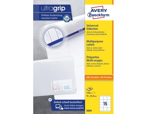 Avery Zweckform Etiketten A4,70 x 50.8 mm Packung zu 100 Blatt / 1500 Etiketten