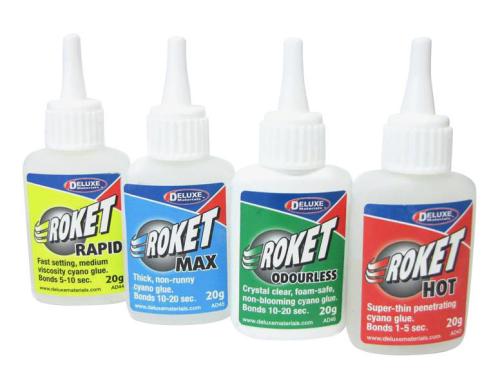 Deluxe Materials Roket Cyano mixed 12 Stk. Hot, Rapid, Max, Odourless je 3 Flaschen