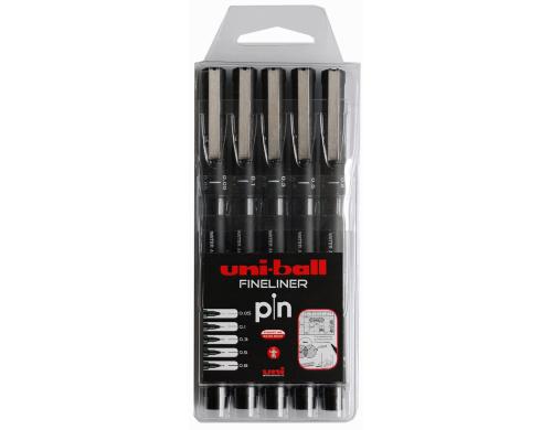 Uni PIN Fineliner schwarz - Etui zu 5 Stk ass.