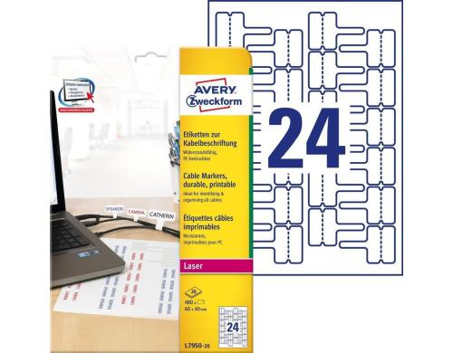 Avery Zweckform Etiketten Kabelbeschriftung Laser, 60 x 40 mm, 480 Etiketten, 20 Bogen