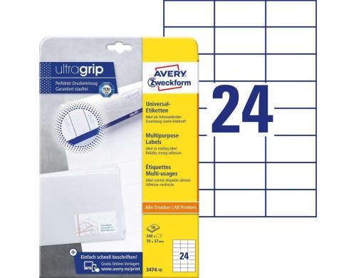 Avery Zweckform Etiketten A4, 70x37mm Packung zu 10 Blatt / 240 Etiketten