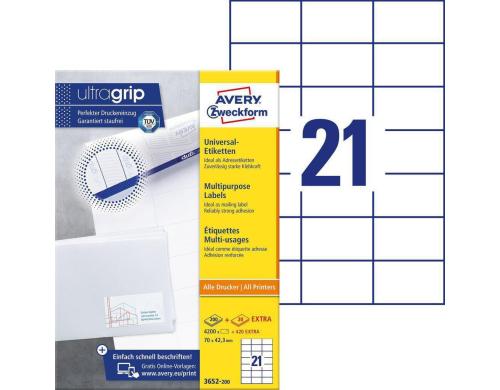 Avery Zweckform Etiketten A4, 70x42.3mm Packung zu 220 Blatt / 4620 Etiketten