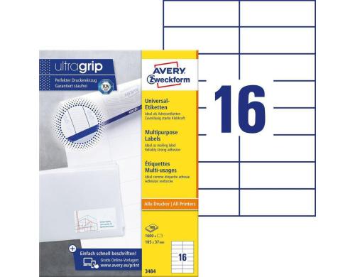 Avery Zweckform Etiketten A4, 105x37mm Packung zu 100 Blatt / 1600 Etiketten