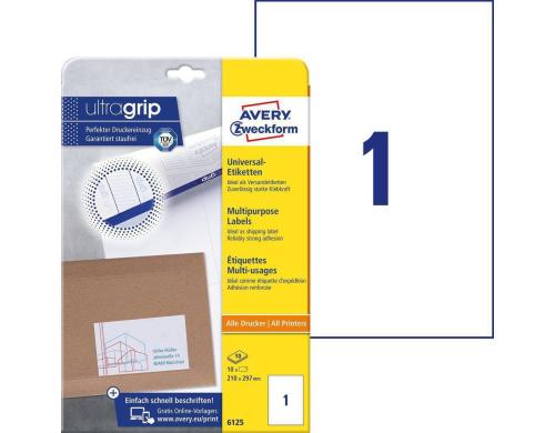 Avery Zweckform Etiketten A4, 210x297mm Packung zu 10 Blatt / 10 Etiketten