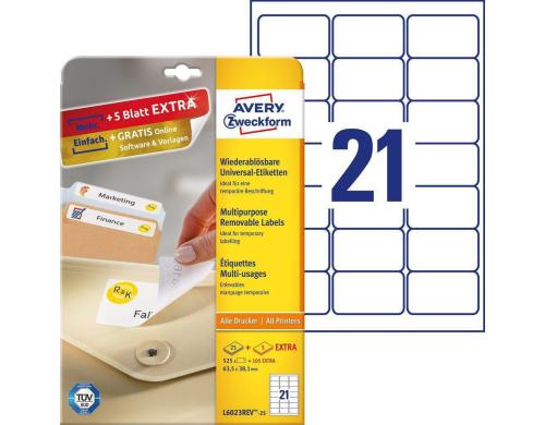 Avery Zweckform Etiketten stick+Lift, weiss 63.5x38.1mm, 30 Bogen / 630 Etiketten