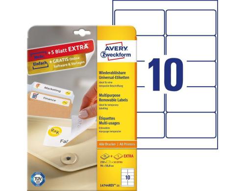 Avery Zweckform Etiketten stick+Lift, weiss 96x50.8mm, 30 Bogen / 300 Etiketten