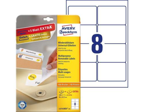 Avery Zweckform Etiketten stick+Lift, weiss 96x63.5mm, 30 Bogen / 240 Etiketten