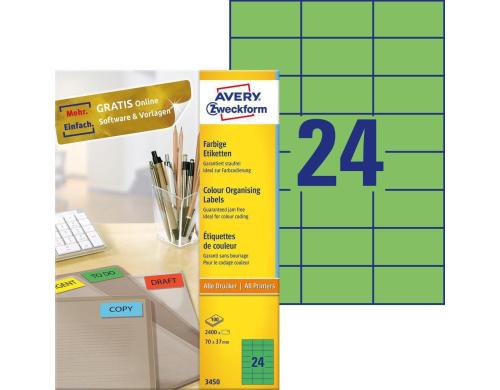 Avery Zweckform Etiketten grn 70x37mm, 100 Bogen / 2400 Etiketten